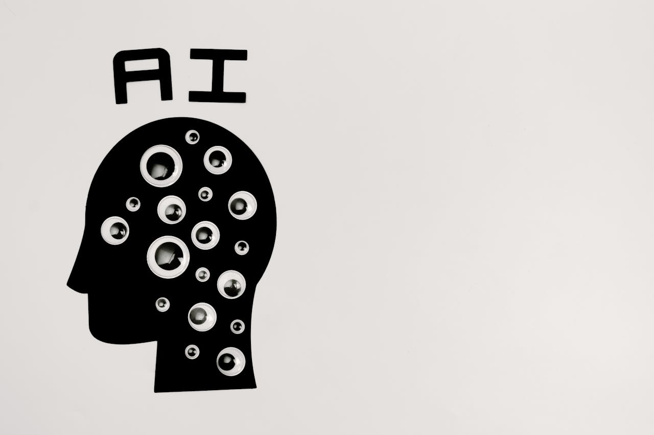 about-us Abstract illustration of AI with silhouette head full of eyes, symbolizing observation and technology.